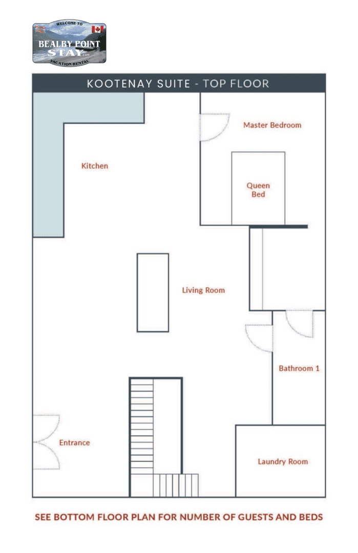 A floor plan of a house with stairs and kitchen.